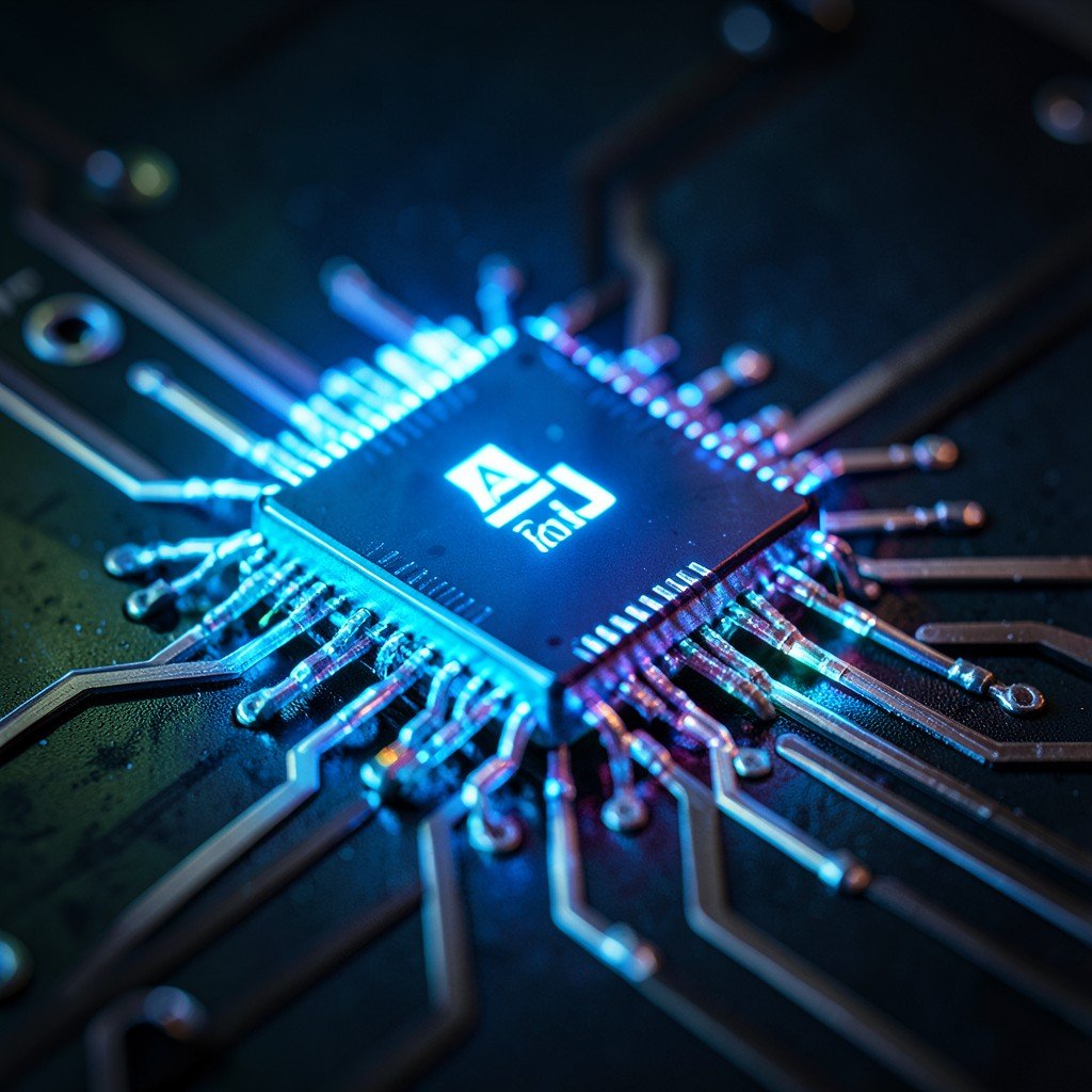 Close up of a glowing blue silicon microchip on a circuit board, representing AI chips and high performance computing, cinematic lighting, high detail, no text, aspect ratio 4:3