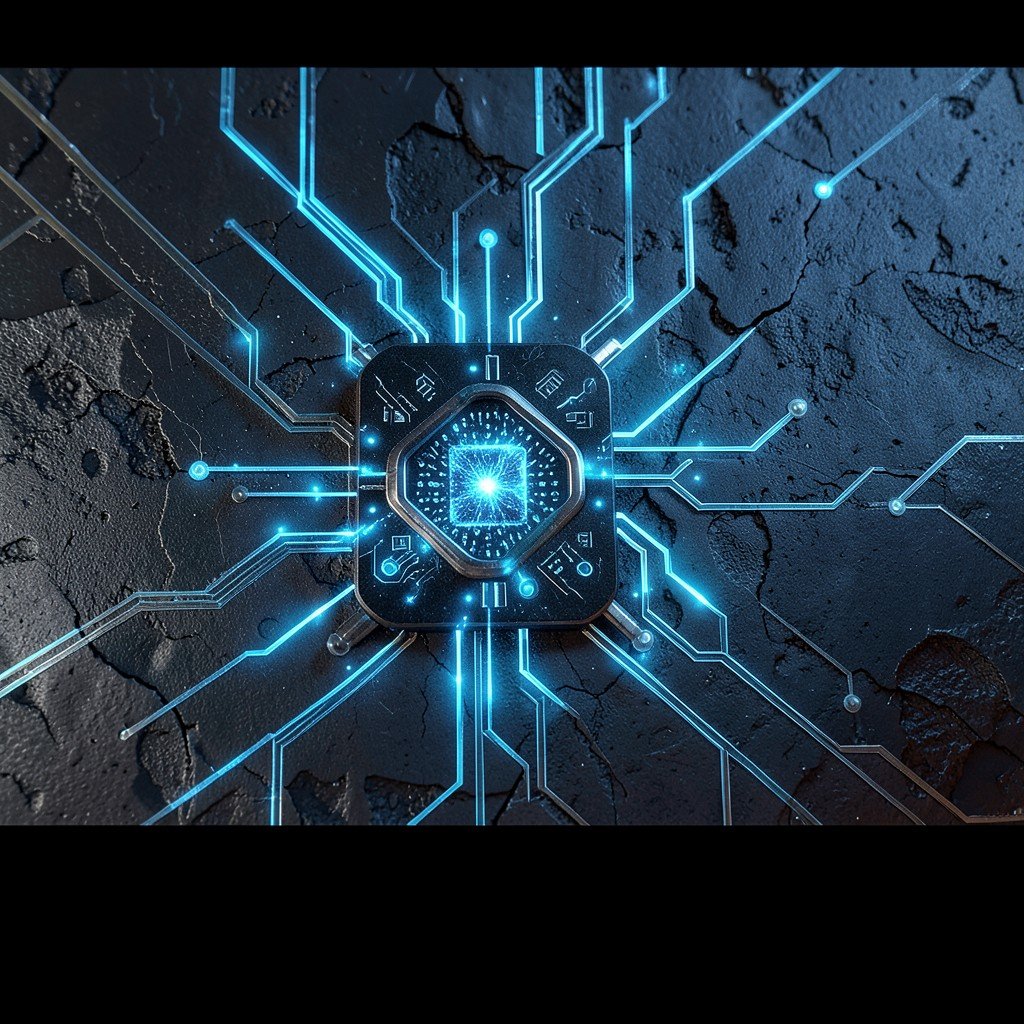 Advanced AI chipset integrated with glowing quantum circuit pathways on a textured dark background, futuristic technology, no text, 4:3 aspect ratio