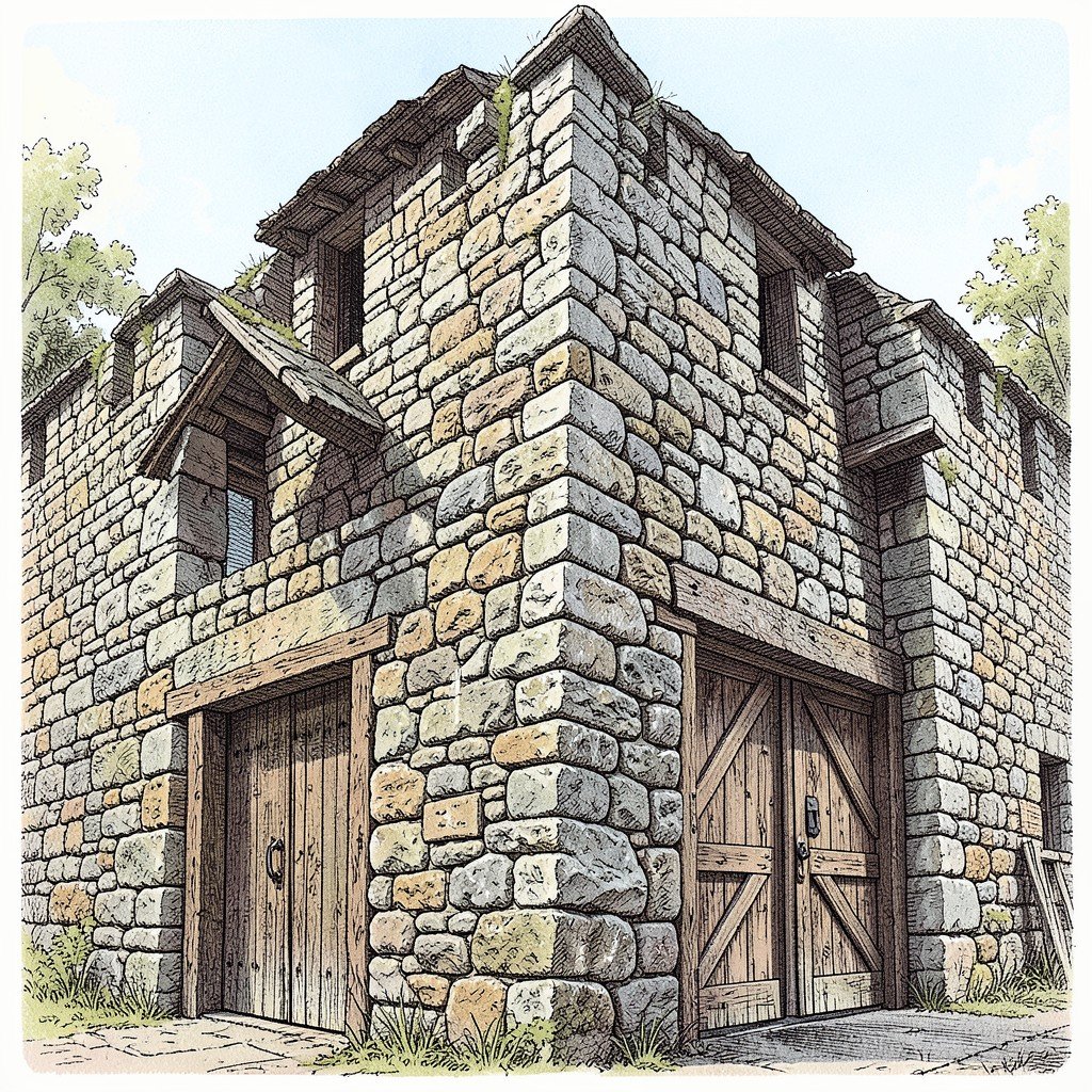 Thick stone walls of a Transylvanian fortified church with wooden gates, detailed texture of old masonry, natural daylight, history illustration style, no text, 1:1