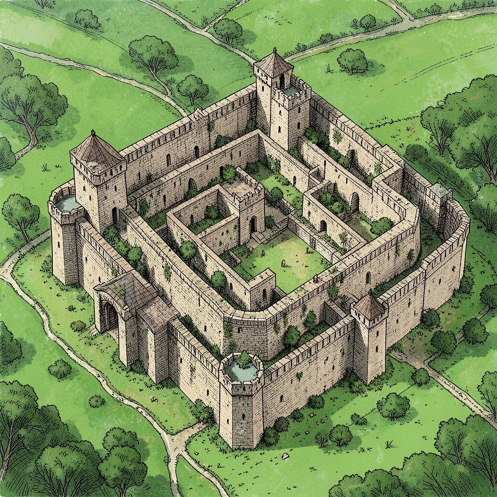 Aerial view of Biertan fortified church with triple concentric walls and defensive towers, green valley background, history illustration style, no text, 4:3