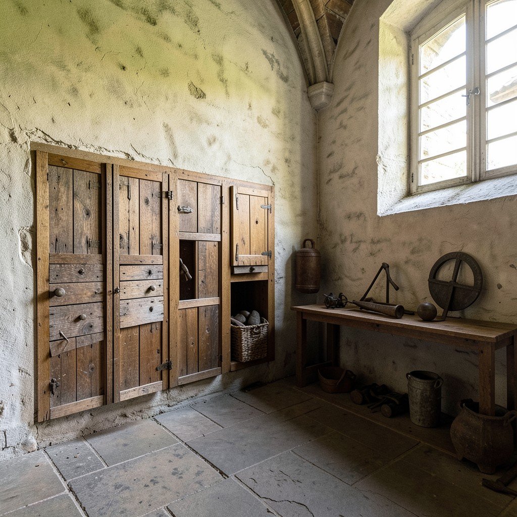 Interior of a fortified church with small wooden storage rooms along the inner wall, medieval artifacts, natural light filtering through windows, lifestyle photography, no text, 1:1