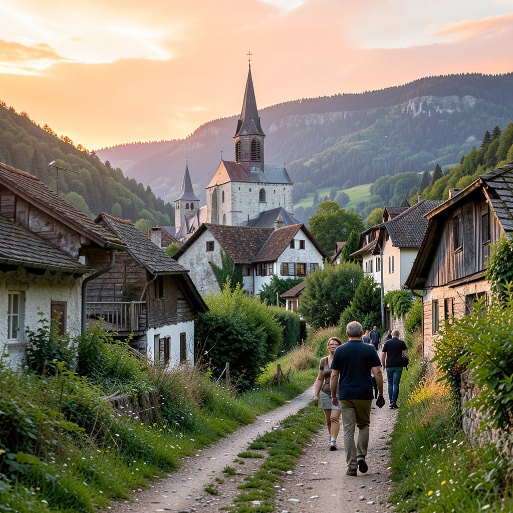 A peaceful Transylvania village with a fortified church in the distance, green hills, people walking on a dirt path, natural sunset lighting, lifestyle photography, no text, 4:3