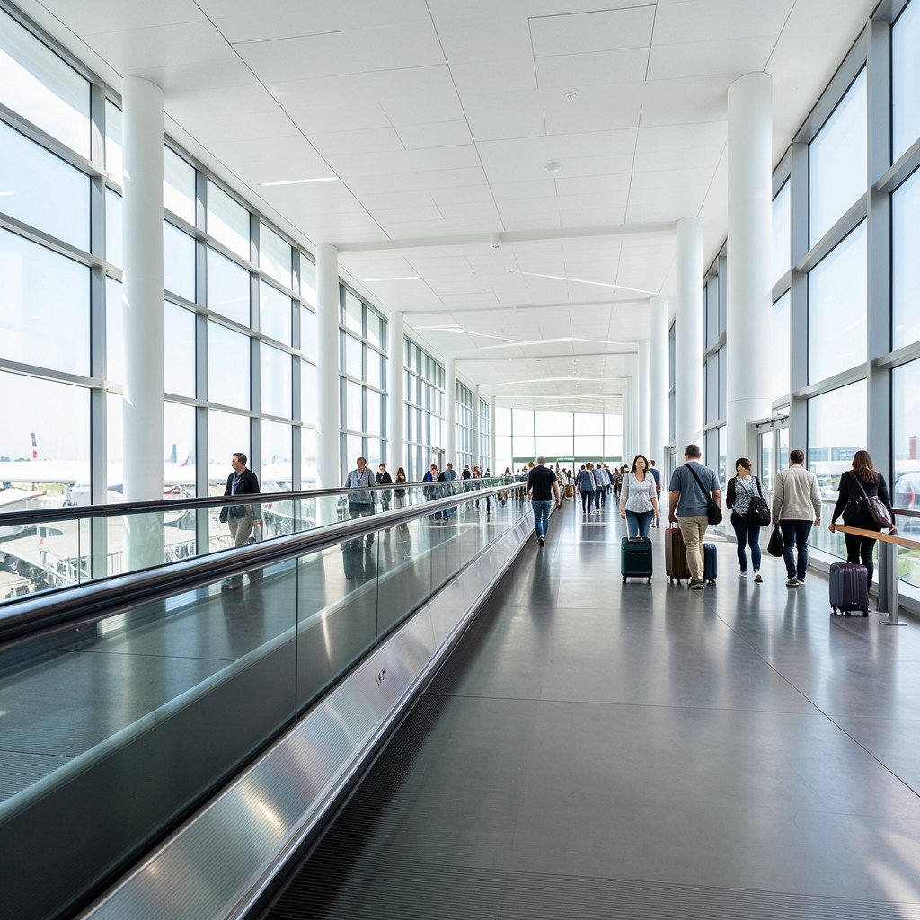 A modern airport terminal interior with moving walkways, travelers with luggage, bright natural lighting, clean architectural lines, no text, wide angle view, 4:3