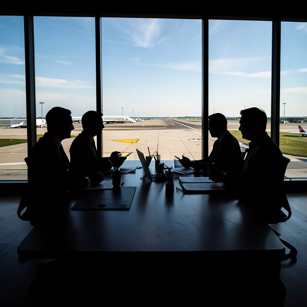 Silhouettes of airline executives in a boardroom meeting, discussing strategies, large window with airport runway background, dramatic lighting, business concept, 4:3