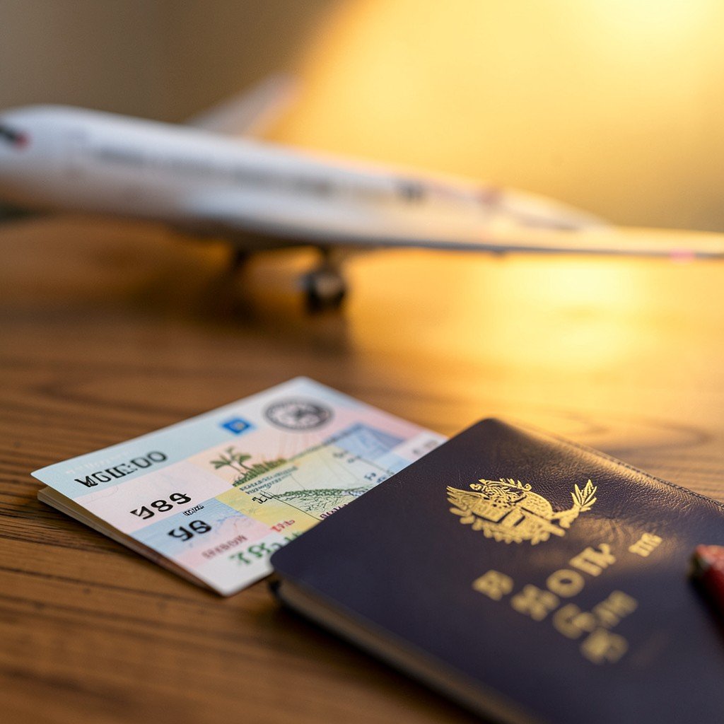 A close up of airplane tickets and a passport on a wooden table, warm lighting, travel planning concept, blurred airplane model in background, 1:1