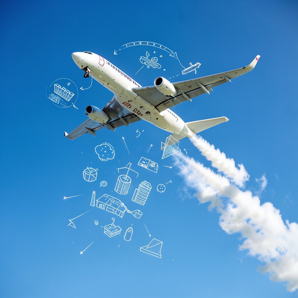 A passenger jet taking off into a clear blue sky, leaving a trail, symbolizing future industry changes, bright lighting, dynamic angle, 4:3