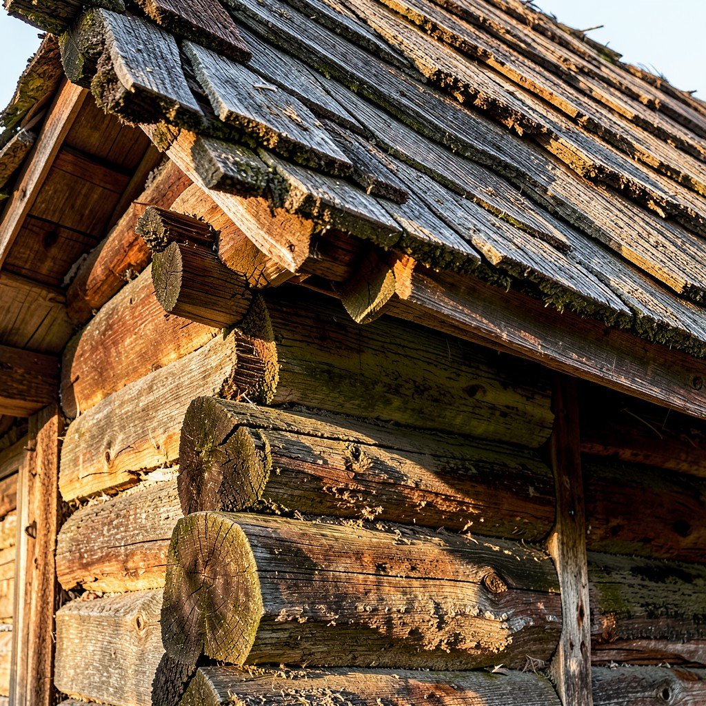 Close-up of a traditional wooden house wall in Vlkolínec Slovakia showing the texture of aged logs and a wooden shingled roof, rustic atmosphere, warm afternoon lighting, no people, highly detailed photography, aspect ratio 1:1