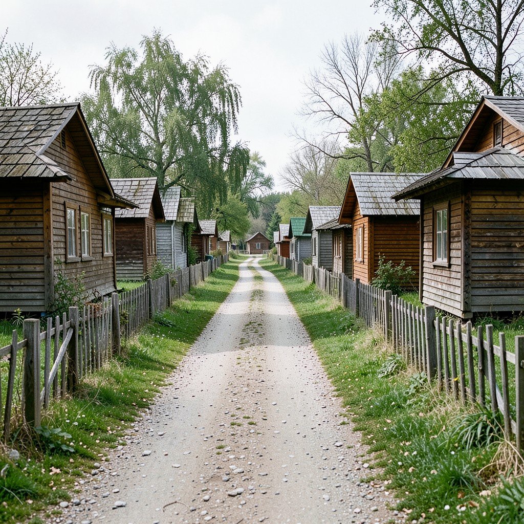 A quiet dirt path winding through the Vlkolínec village with small wooden cabins on both sides and a wooden fence in the foreground, serene atmosphere, natural daylight, no people, lifestyle photography style, aspect ratio 4:3