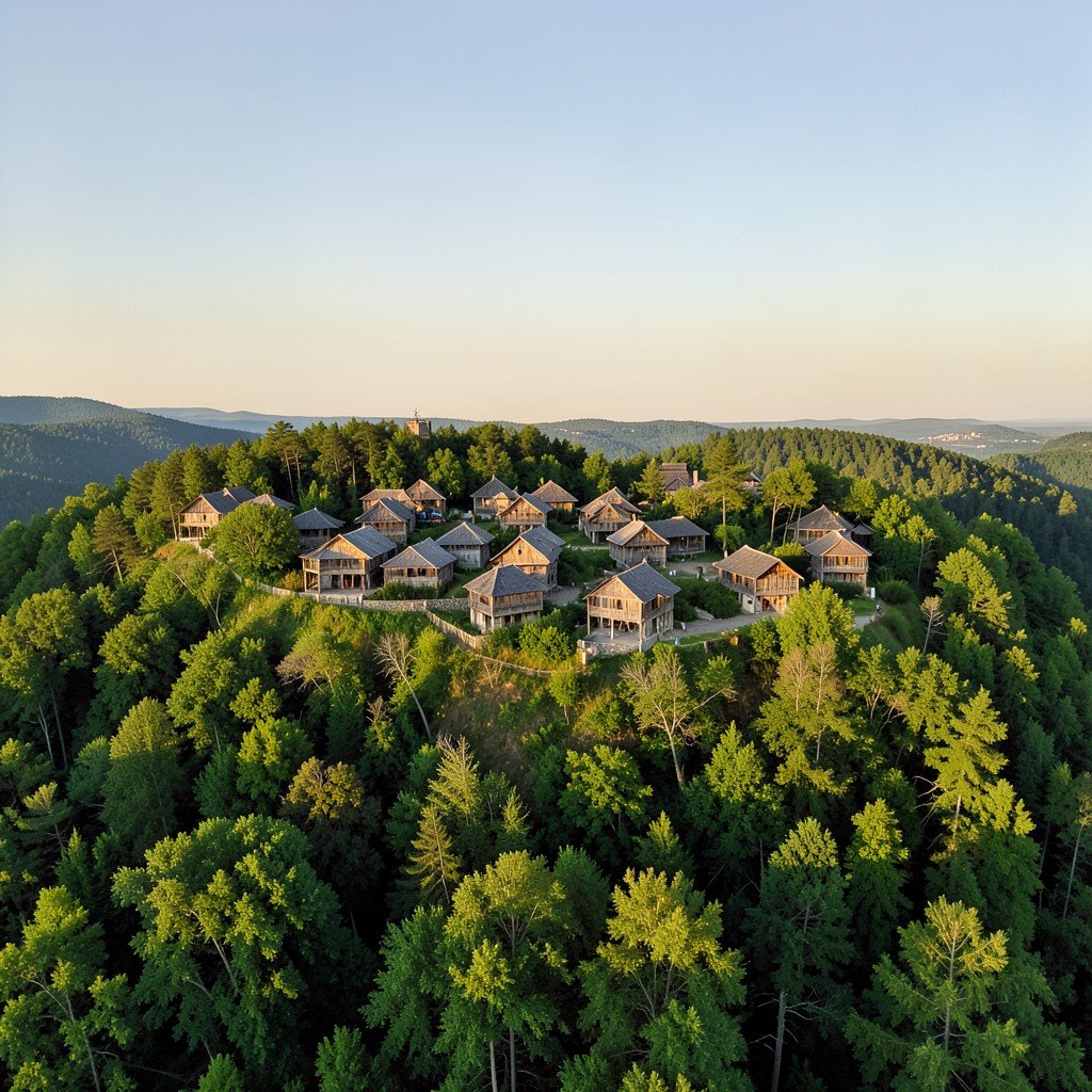 A panoramic view of Vlkolínec UNESCO World Heritage site from a hilltop showing the cluster of wooden houses surrounded by dense green forests, clear sky, late afternoon sun, no people, landscape photography, aspect ratio 4:3