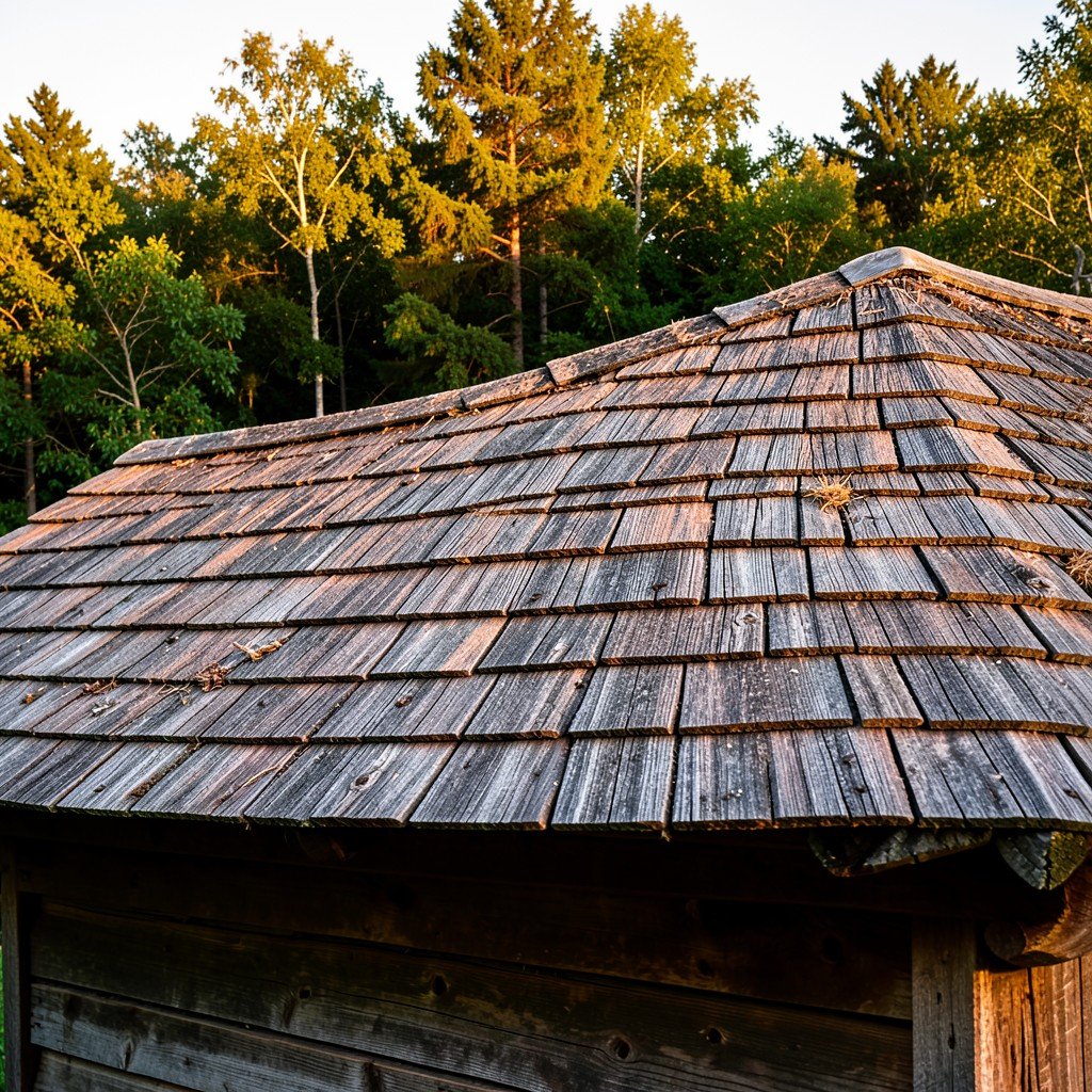 A wooden shingled roof of a cabin in Vlkolínec Slovakia weathered to a rustic greyish brown color contrasting with the green trees behind it, warm golden hour light, no people, detailed photography, aspect ratio 1:1