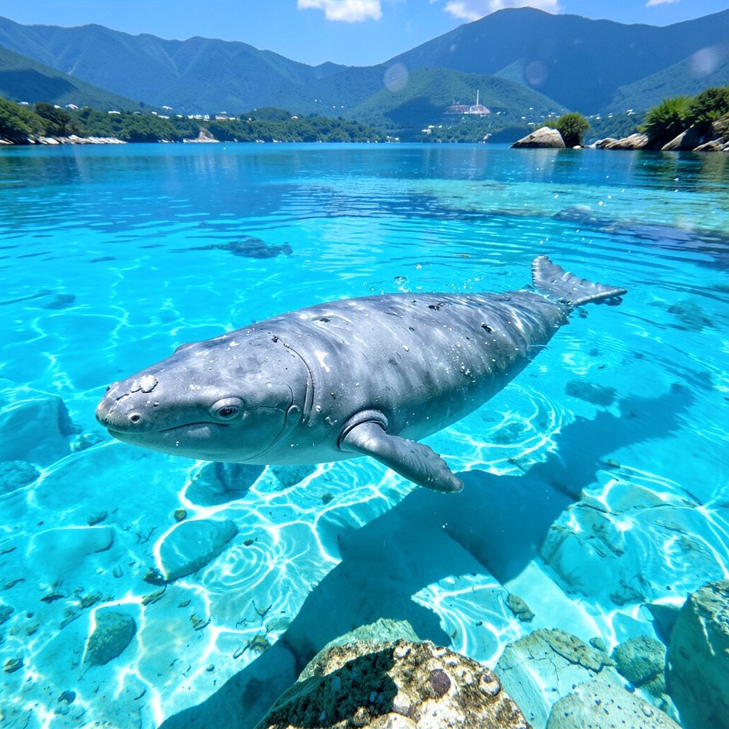 A grey whale swimming peacefully in the shallow blue lagoon of Mexico, natural sunlight underwater, no text, aspect ratio 1:1