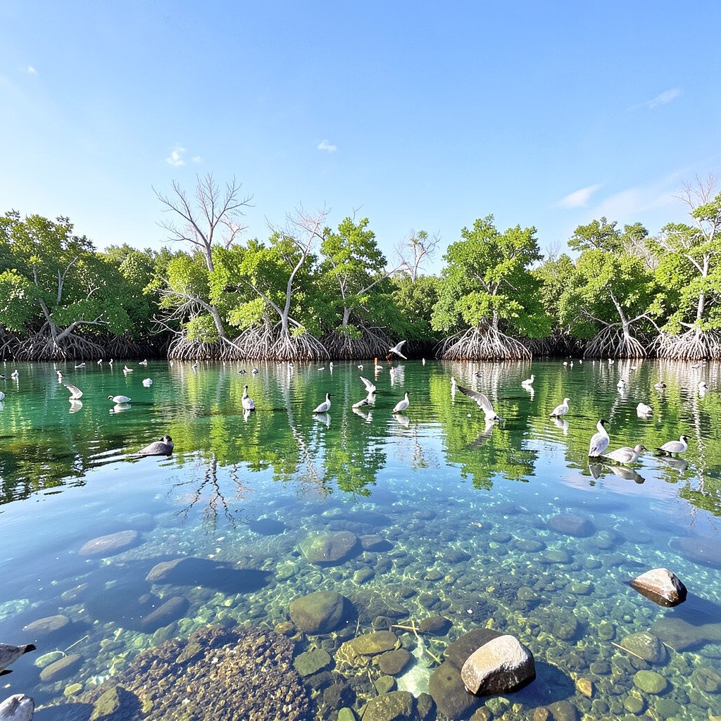Mangrove forest in a lagoon with various migratory birds resting, clear water reflecting sky, no text, aspect ratio 1:1