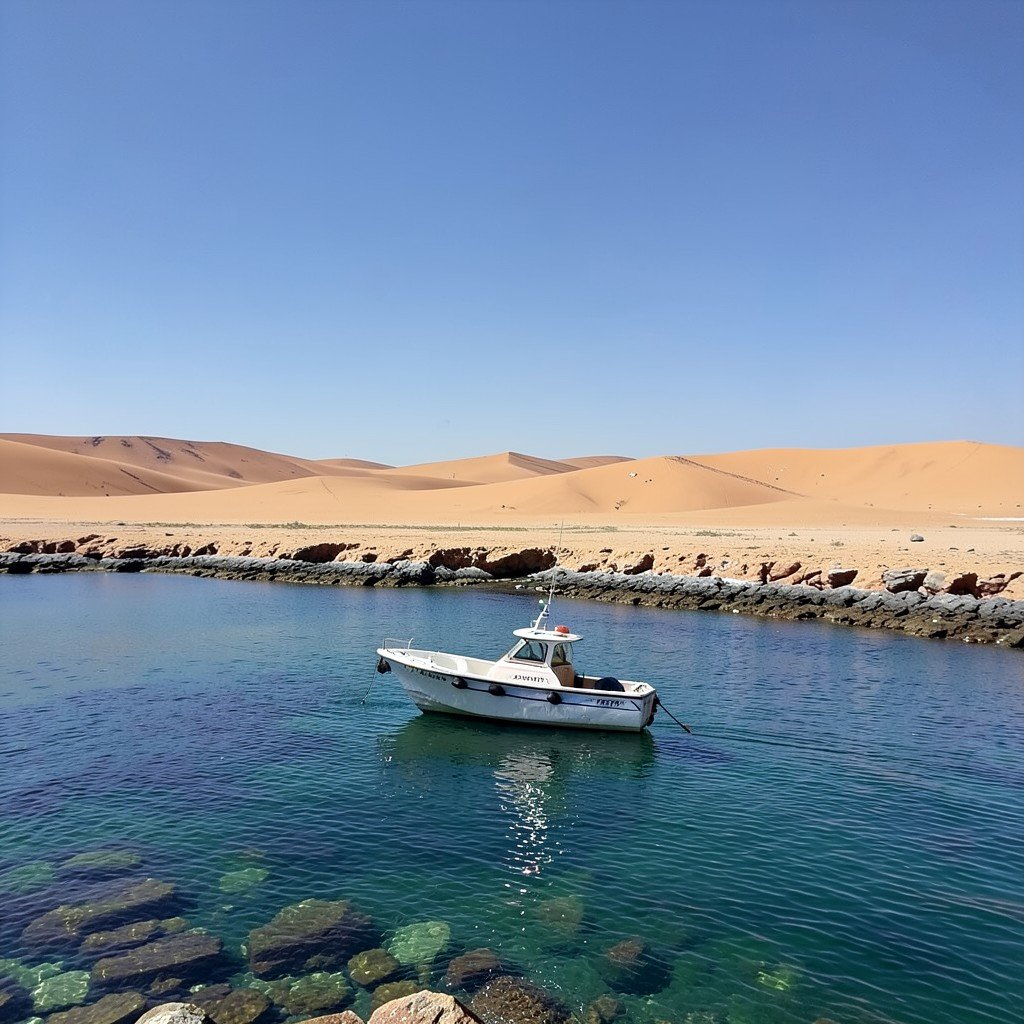 A small patrol boat floating near the coast of a protected marine area, desert landscape in the background, clear sky, no text, aspect ratio 1:1