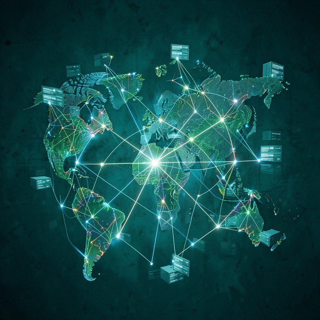 Abstract visualization of interconnected global financial network nodes glowing lines between data servers on a textured dark teal background 1:1