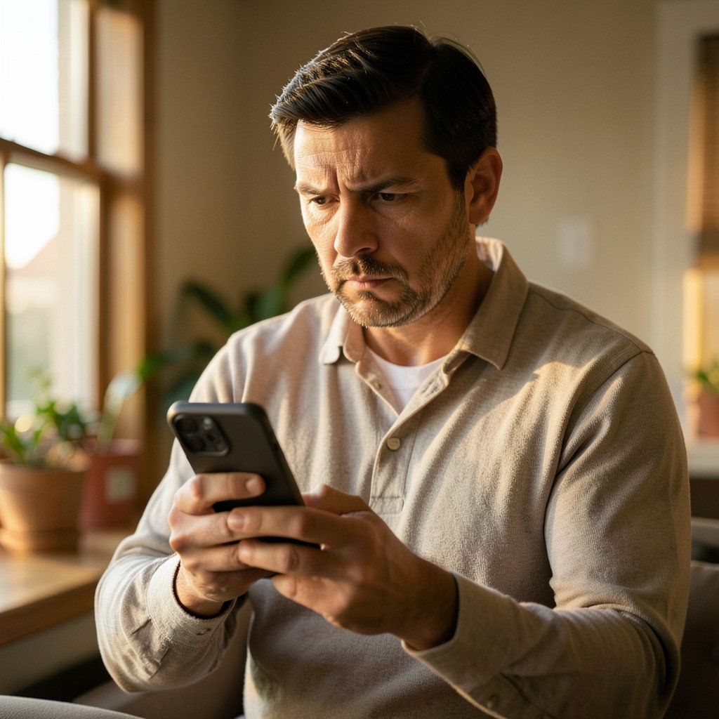 Person checking personal banking security on a smartphone with a serious expression warm indoor lighting natural setting lifestyle photography 1:1