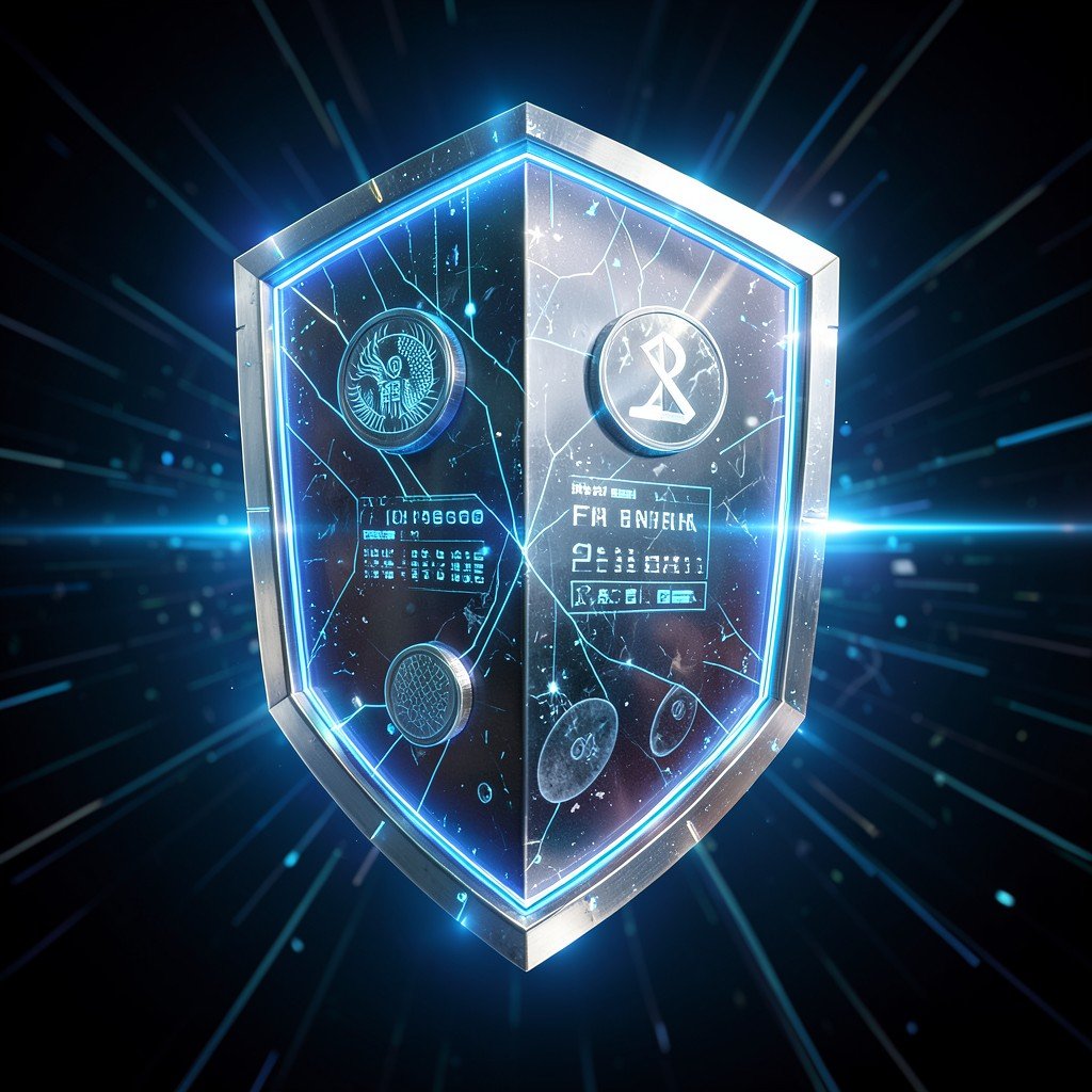 Futuristic digital shield protecting financial assets from cyber threats glowing blue and silver tones abstract 1:1