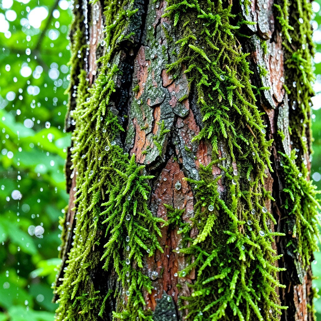 Close up of moss covered ancient Yakusugi cedar tree bark with raindrops lush green background aspect ratio 1:1
