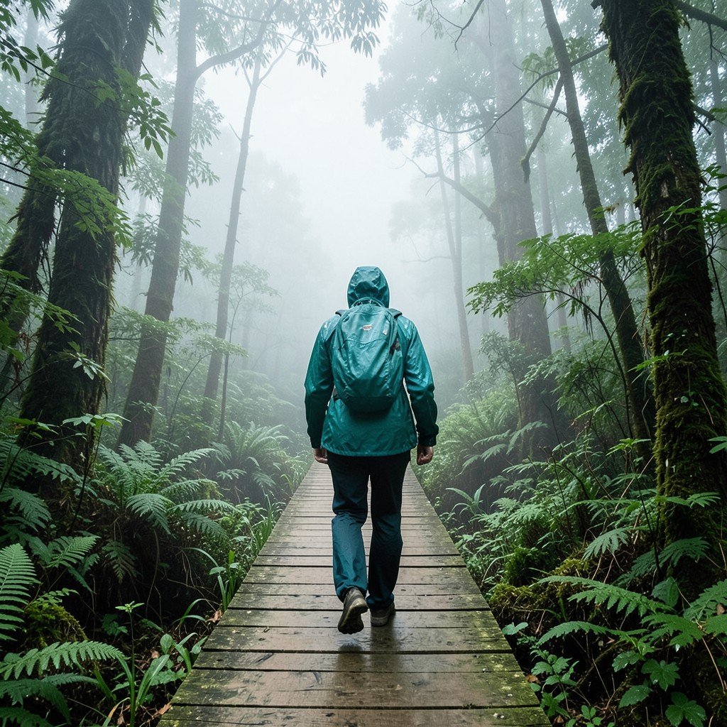 Traveler walking on wooden plank trail in dense Yakushima forest misty atmosphere wearing rain jacket aspect ratio 1:1
