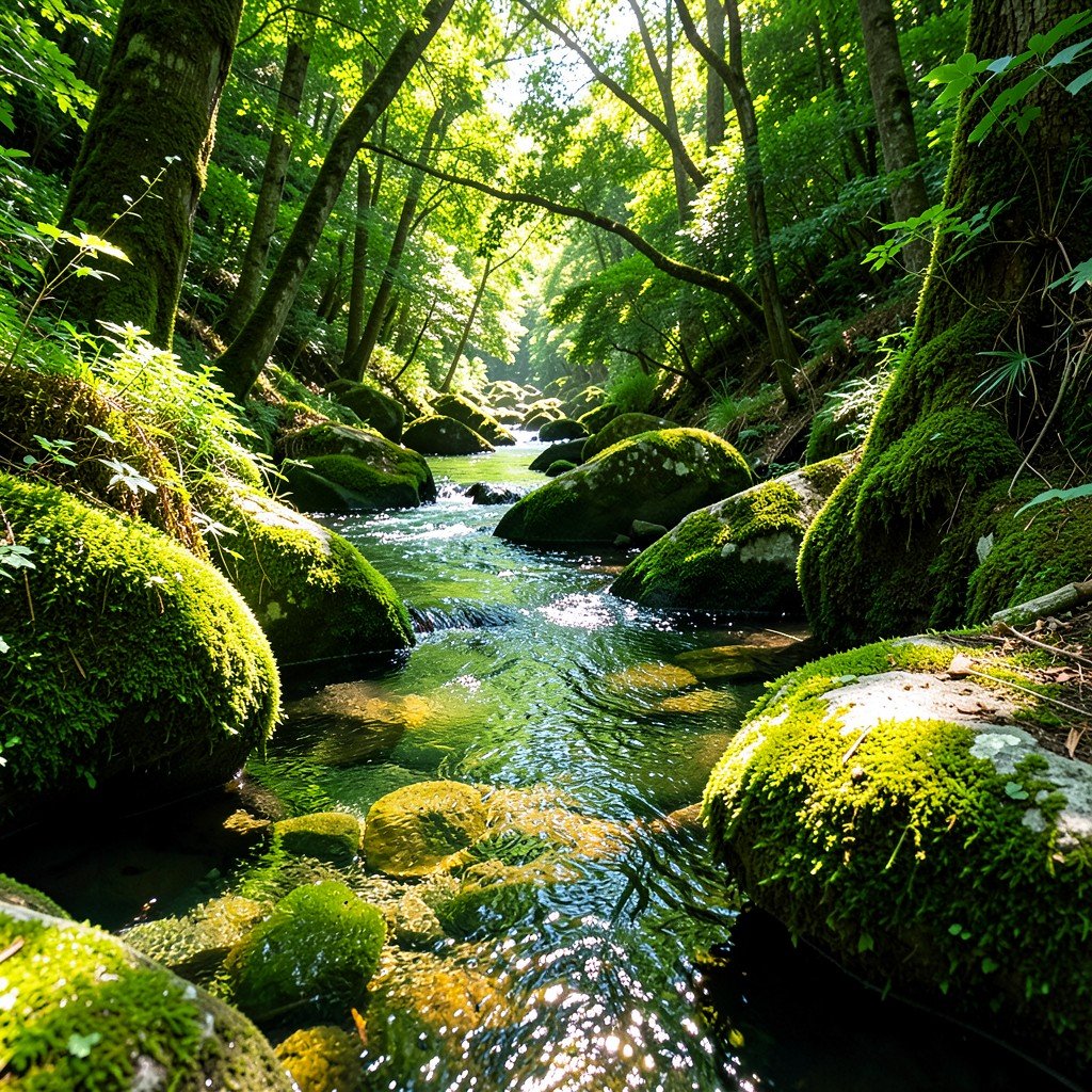 Clear stream flowing through mossy rocks in Yakushima forest dappled sunlight vibrant green nature aspect ratio 1:1