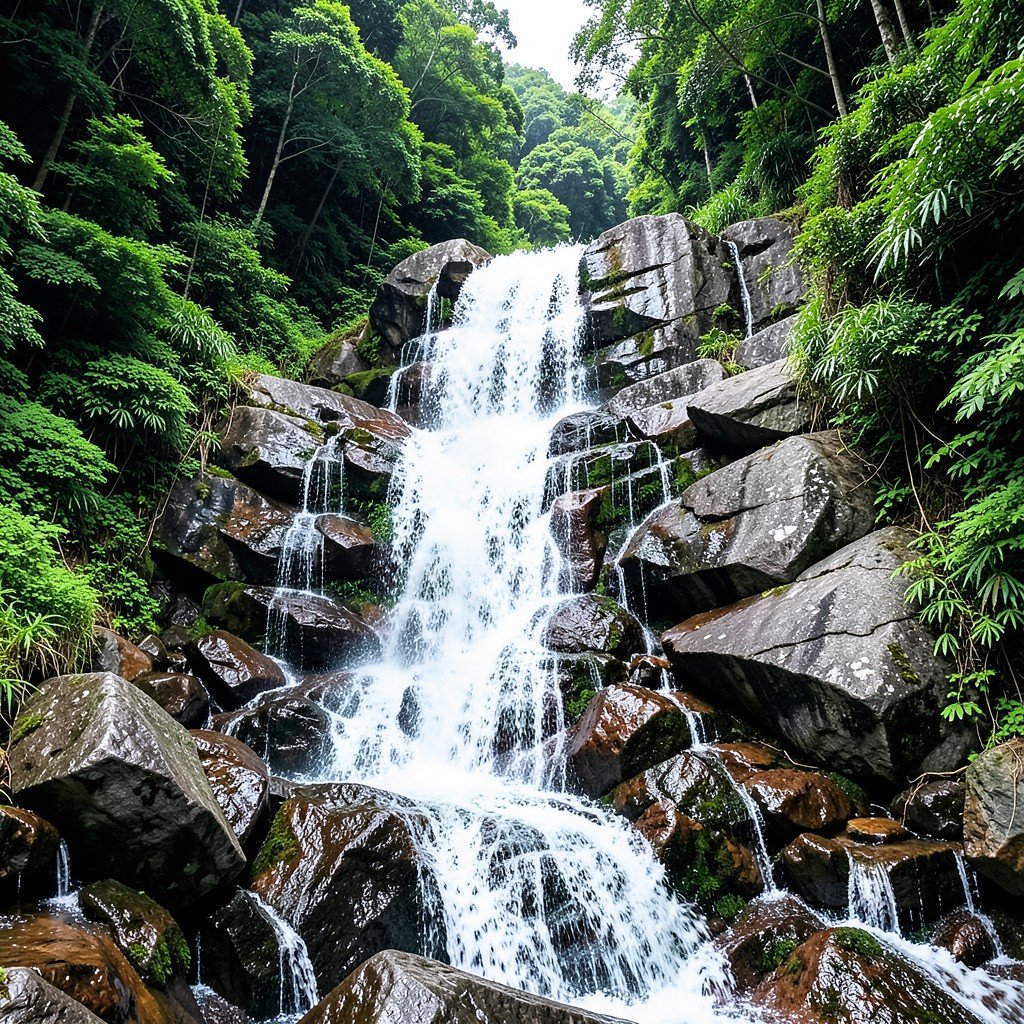 Senpiro no Taki waterfall cascading over large granite rocks in Yakushima lush green surroundings aspect ratio 1:1