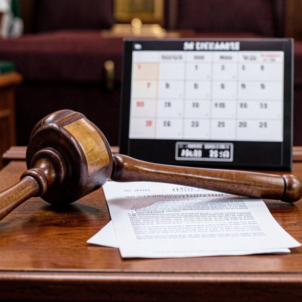 Judge gavel and legal documents on courtroom bench with calendar showing a delayed arraignment date no text, 4:3