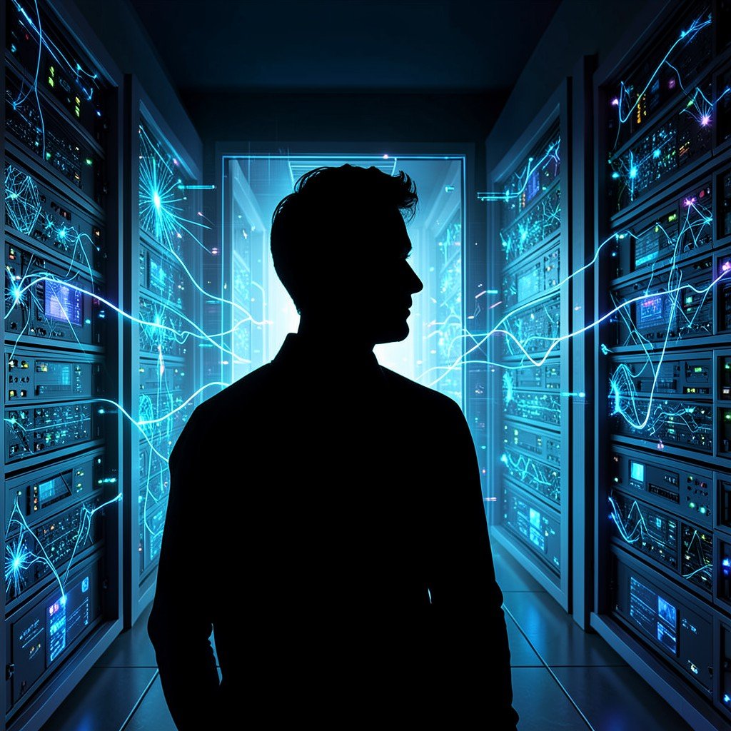 Silhouette of a person facing a glowing AI server room representing social conflict over technology no text, 4:3