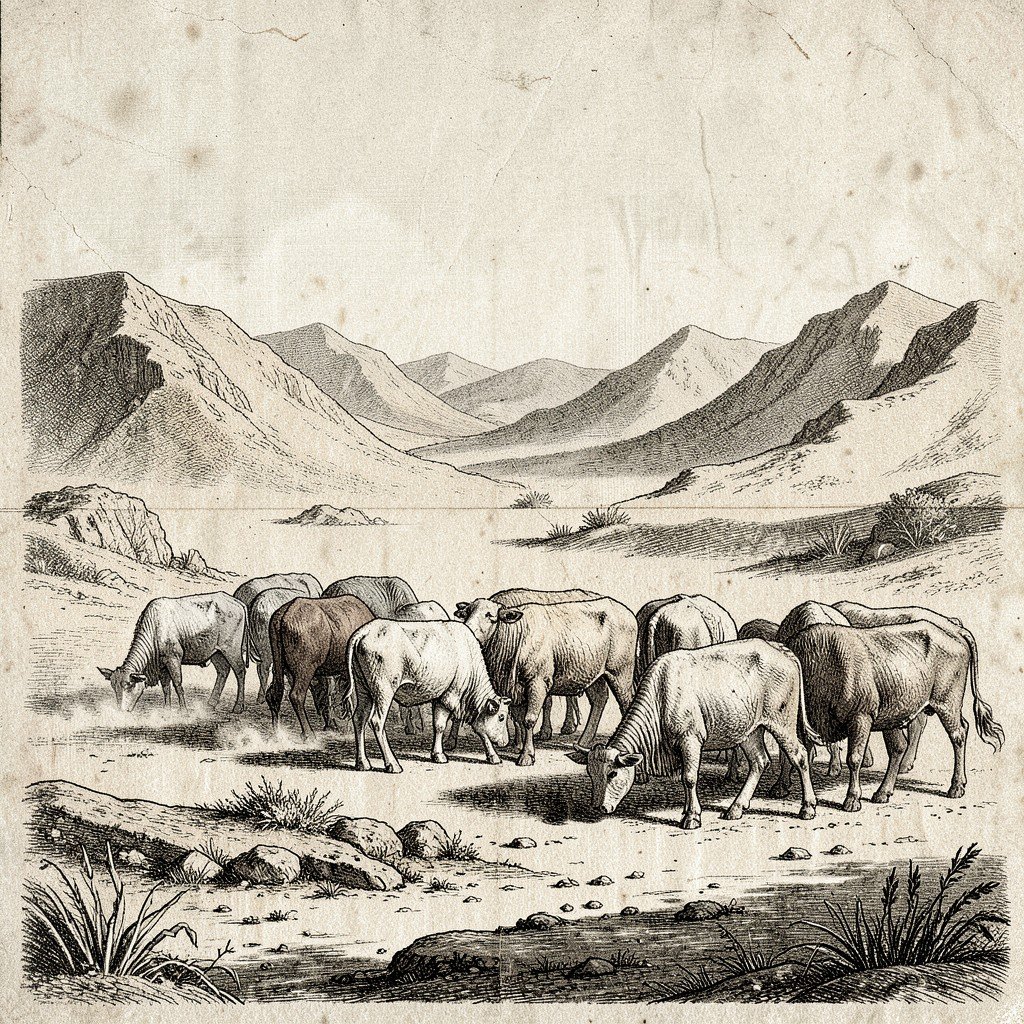 A herd of domestic livestock grazing near a fragile desert habitat in Oman, dusty environment, historical illustration style, textured background, no text, 4:3