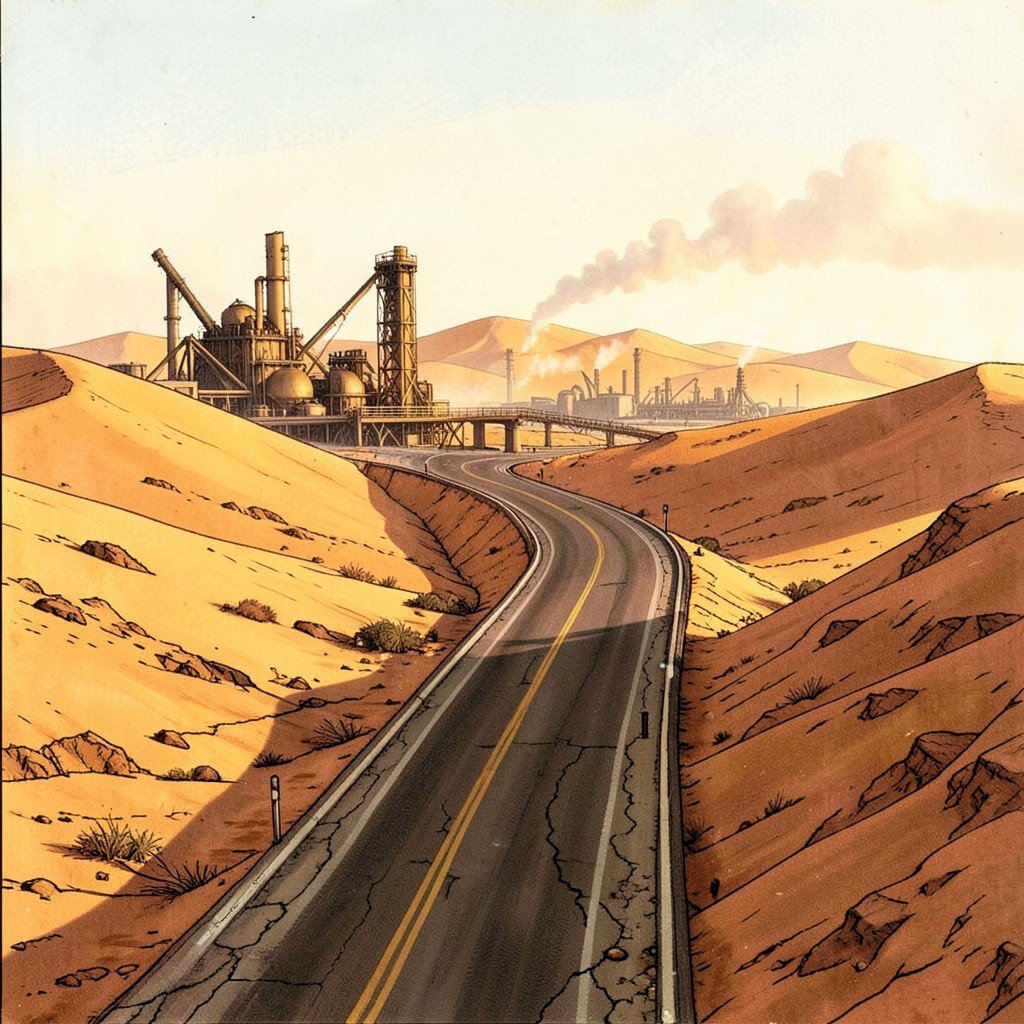 A newly built road cutting through the pristine desert landscape of Oman representing industrial development, warm lighting, historical illustration style, no text, 1:1