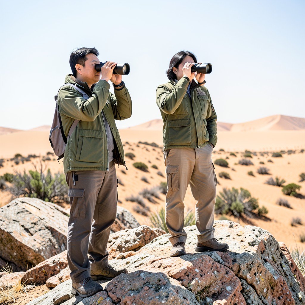 Two conservation researchers with Korean appearance observing the desert habitat through binoculars standing on a rocky outcrop, bright balanced lighting, review photography style, no text, 4:3
