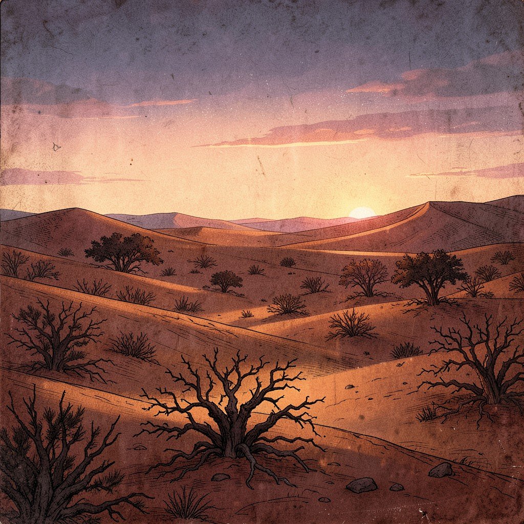 The vast Arabian desert at twilight showing the fragility and beauty of the ecosystem, warm lighting, historical illustration style, textured background, no text, 1:1