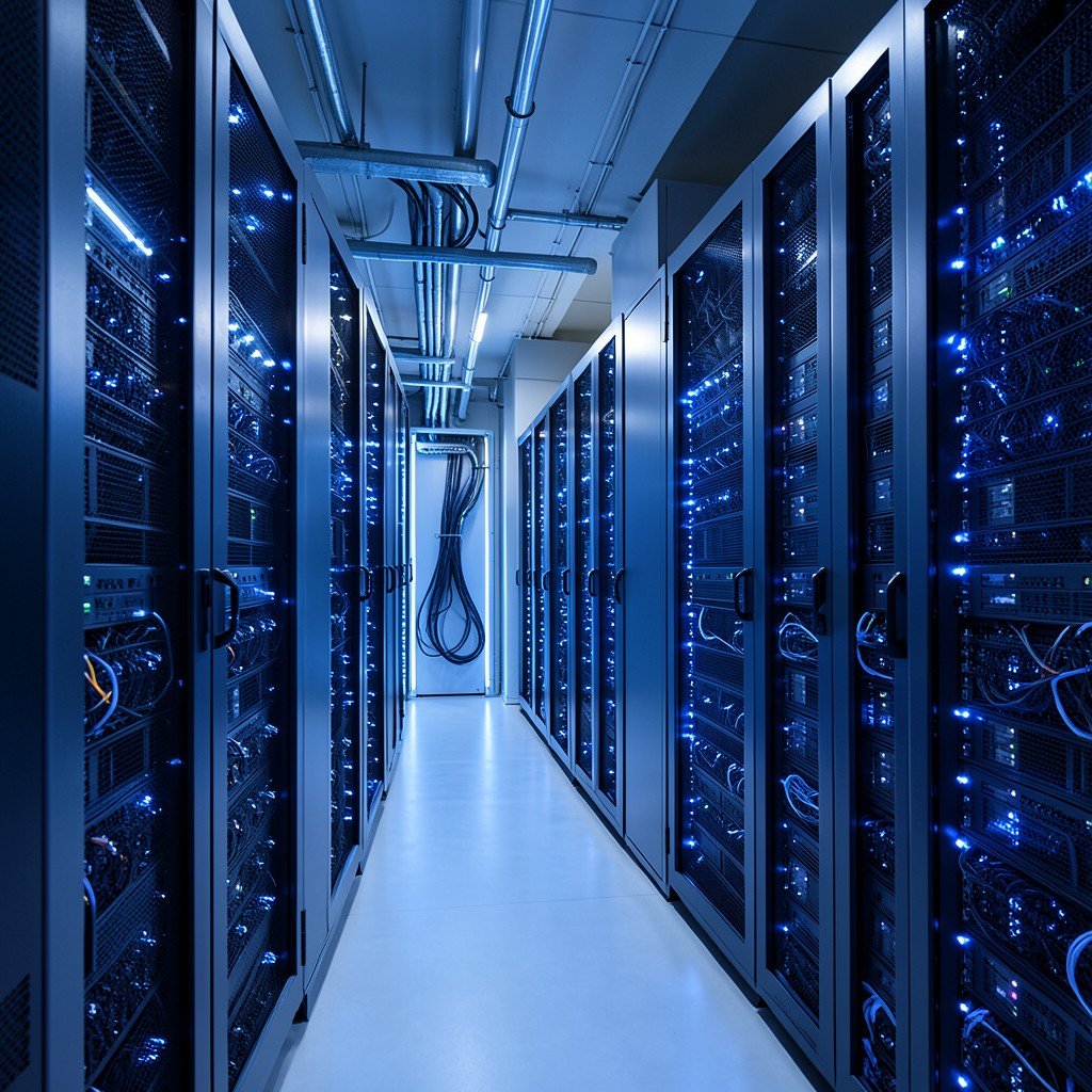 Modern data center interior with rows of glowing blue server racks, clean futuristic aesthetic, cooling system visible, no text, 4:3