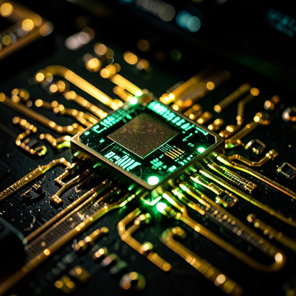 Close up of a futuristic glowing green and gold AI computer chip on a motherboard, macro photography, high contrast lighting, no text, 1:1