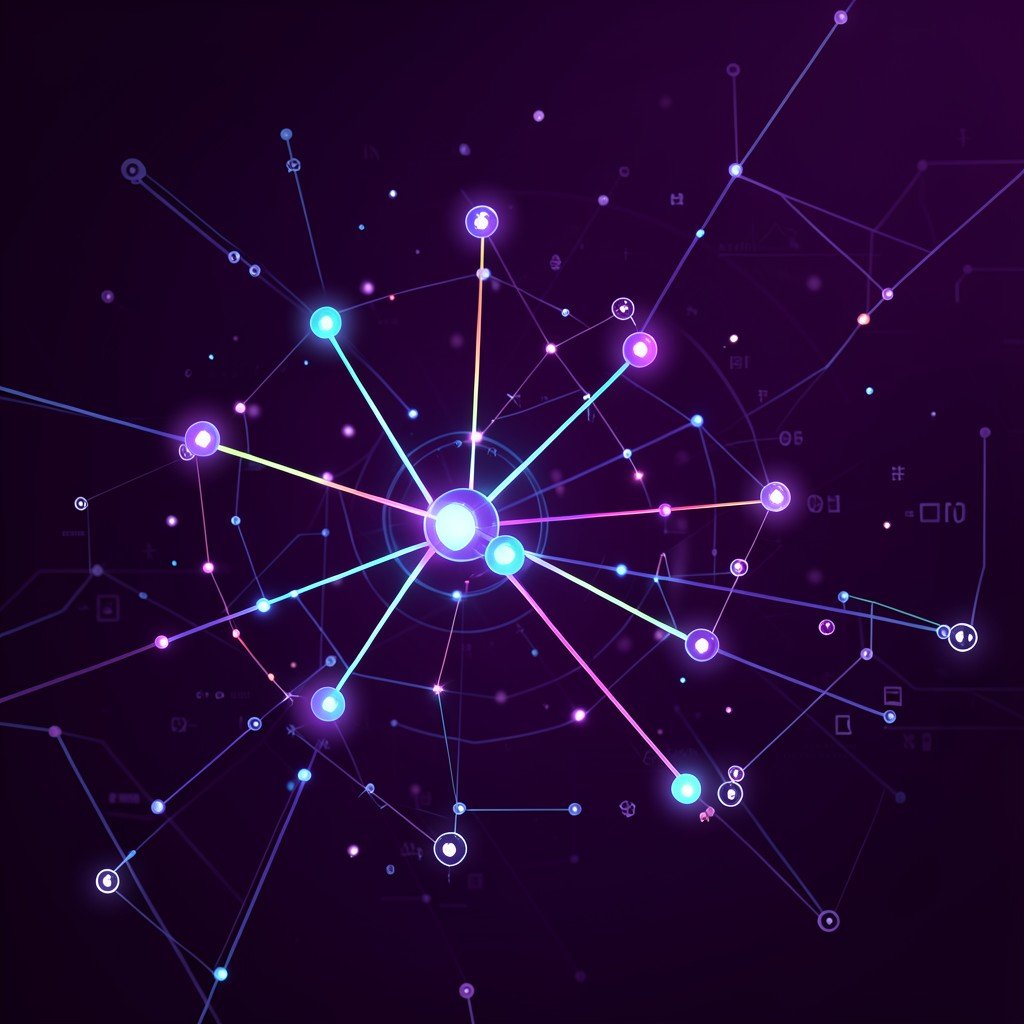 Abstract visualization of quantum computing with glowing interconnected nodes and quantum bits, dark purple background, futuristic technology, no text, 4:3