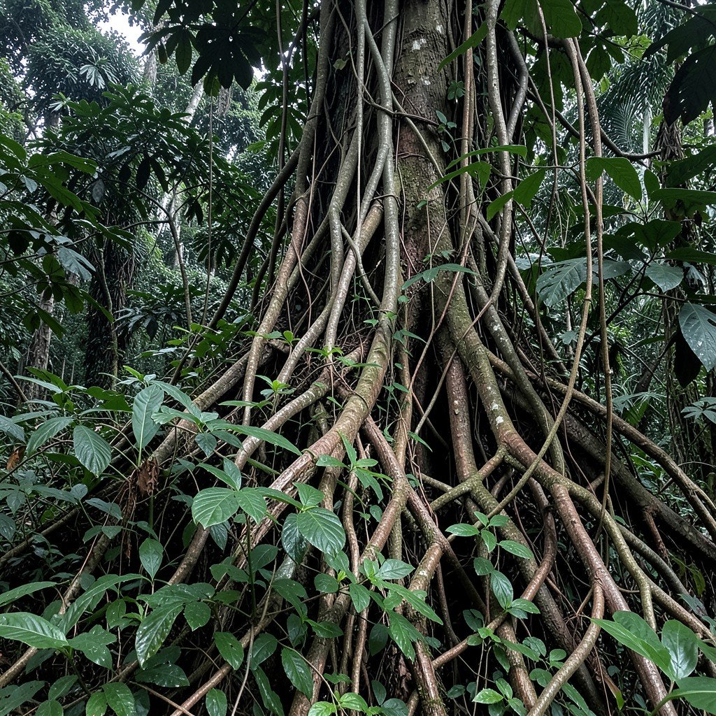 Dense tangled tree roots and thick undergrowth in Bwindi Impenetrable National Park dark green foliage vines intertwined natural jungle scene 4:3