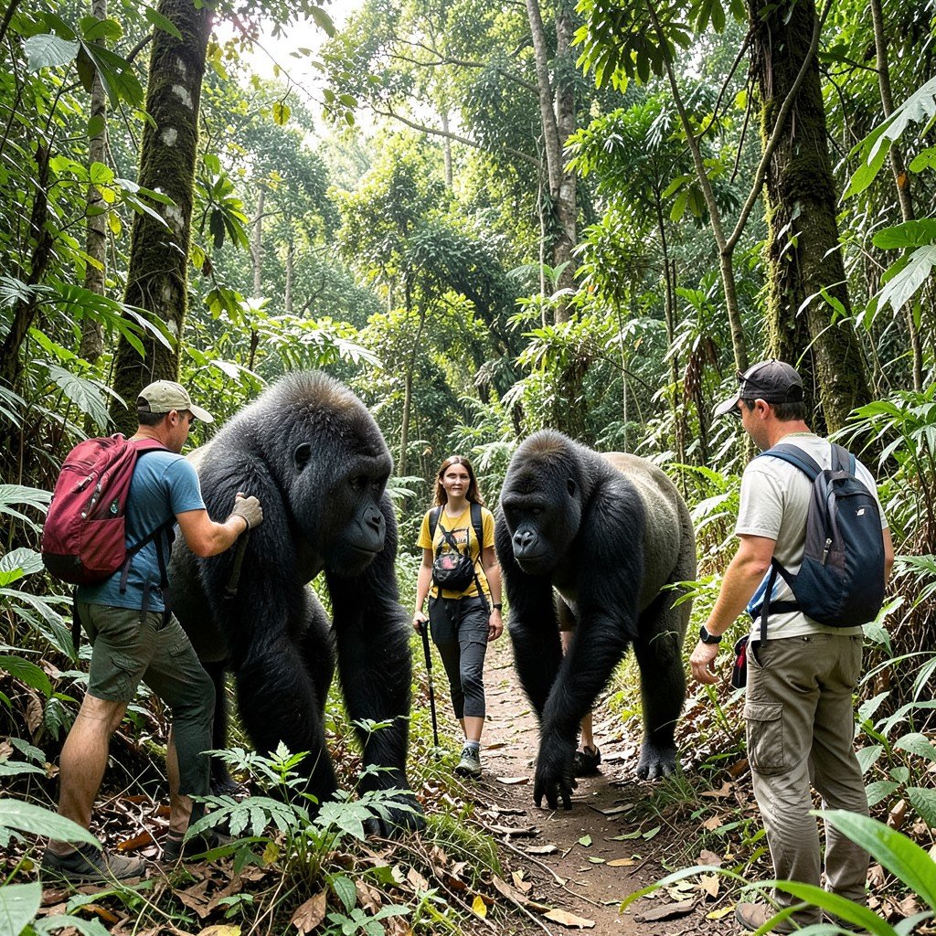 Tourists observing a family of mountain gorillas in the wild jungle of Bwindi Uganda guided trekking natural setting respectful distance 4:3