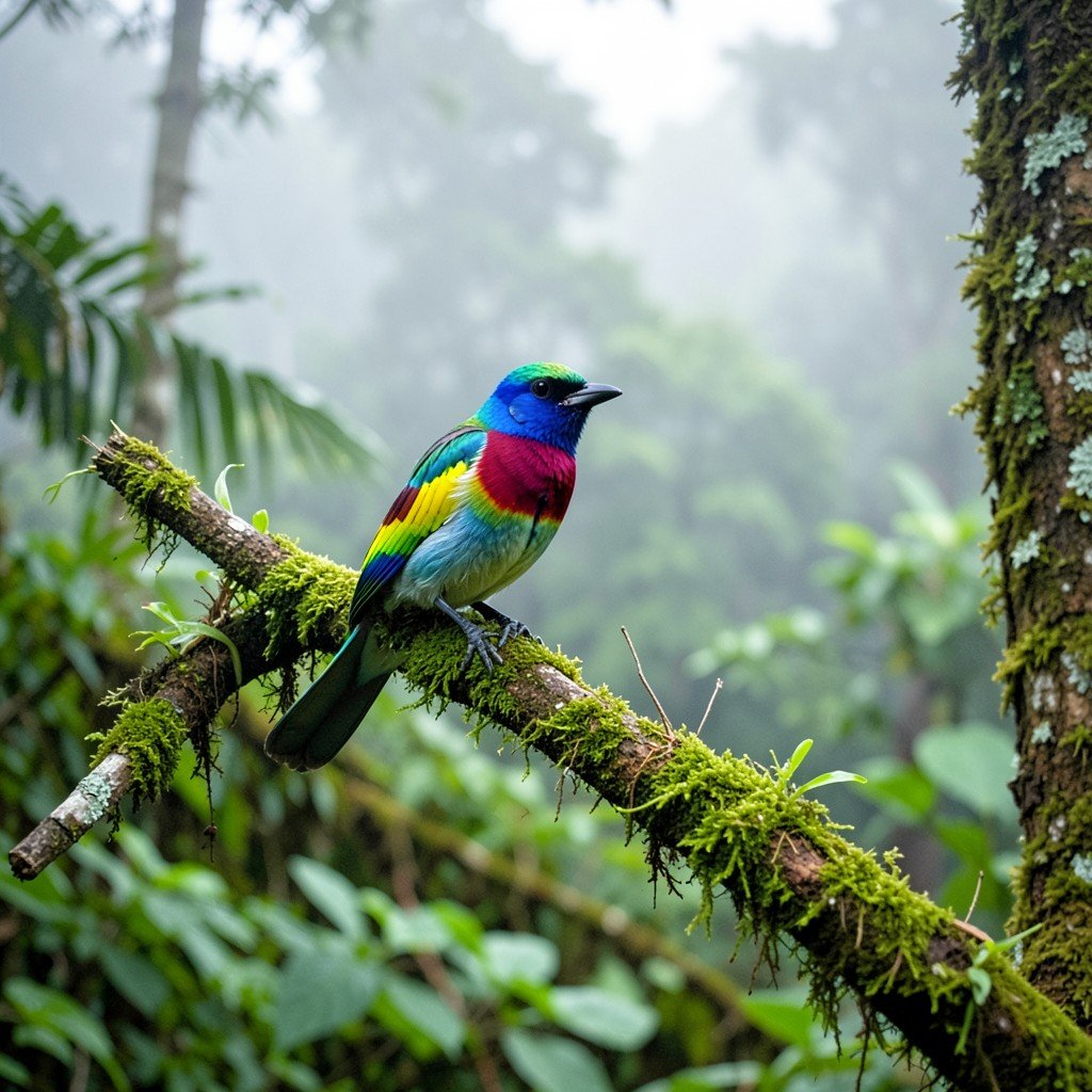 Colorful native bird perched on a mossy branch in the foggy Bwindi forest Uganda lush green background natural wildlife photography 4:3
