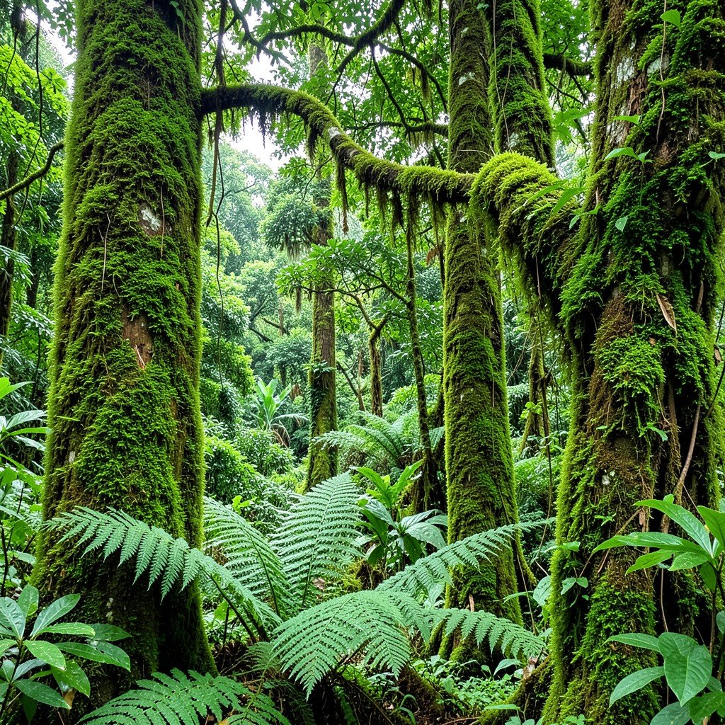 Lush green moss covered trees and ferns in the deep jungle of Bwindi Uganda rich biodiversity close up of vibrant rainforest ecosystem 4:3