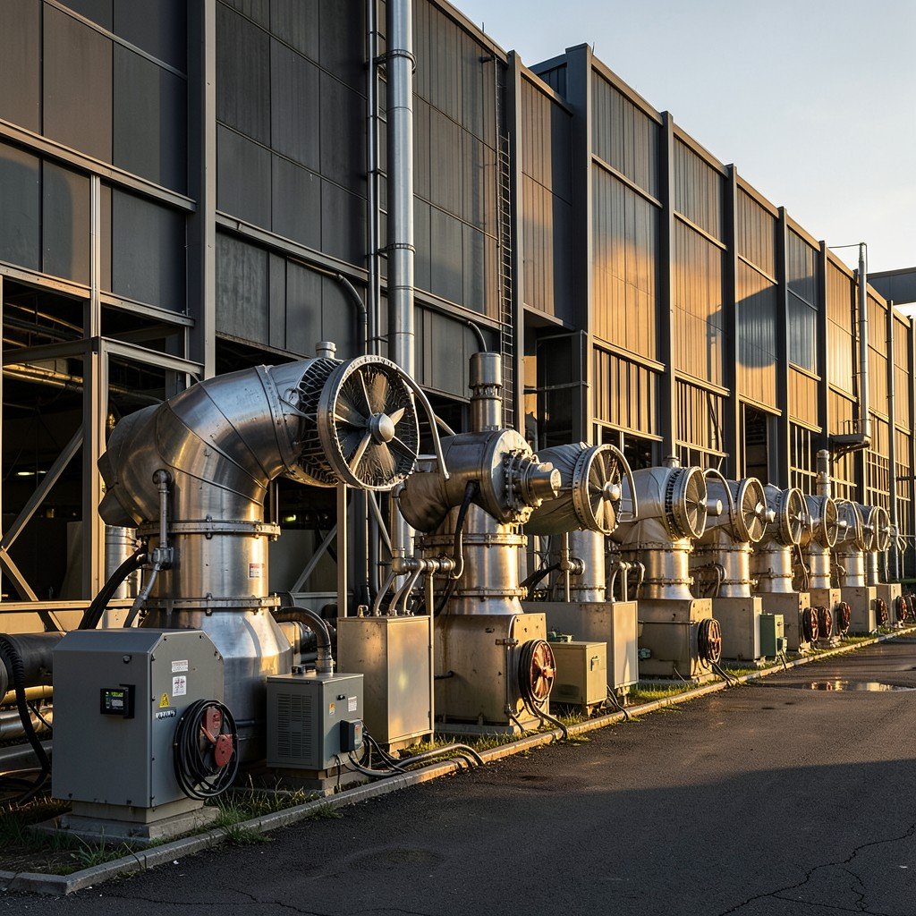 Industrial natural gas turbines installed in a row outside a massive data center facility, detailed mechanical parts, industrial photography, dramatic afternoon lighting, highly detailed, 4:3