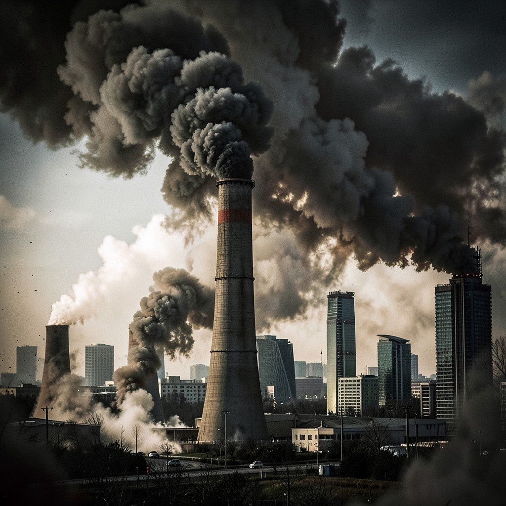 Large industrial exhaust stacks releasing thick smoke into the atmosphere near a modern city skyline, environmental pollution concept, moody lighting, highly textured, 4:3
