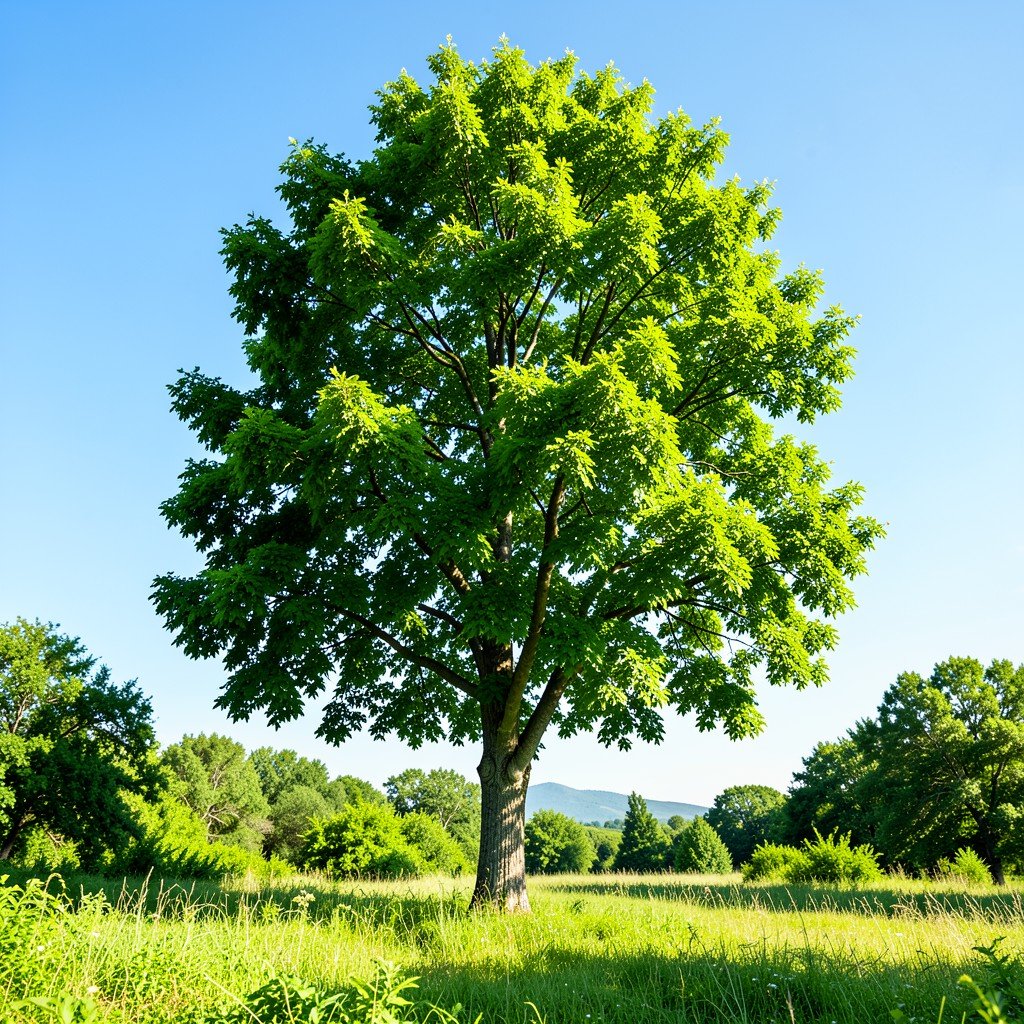 A lush green tree standing tall in a vibrant, healthy natural landscape, clear sky, environmental conservation concept, bright daylight, photorealistic, cinematic lighting, 1:1