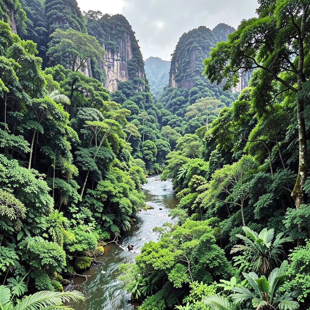 Pristine dense jungle canopy of Canaima National Park with a river winding through NO KOREAN Text 1:1