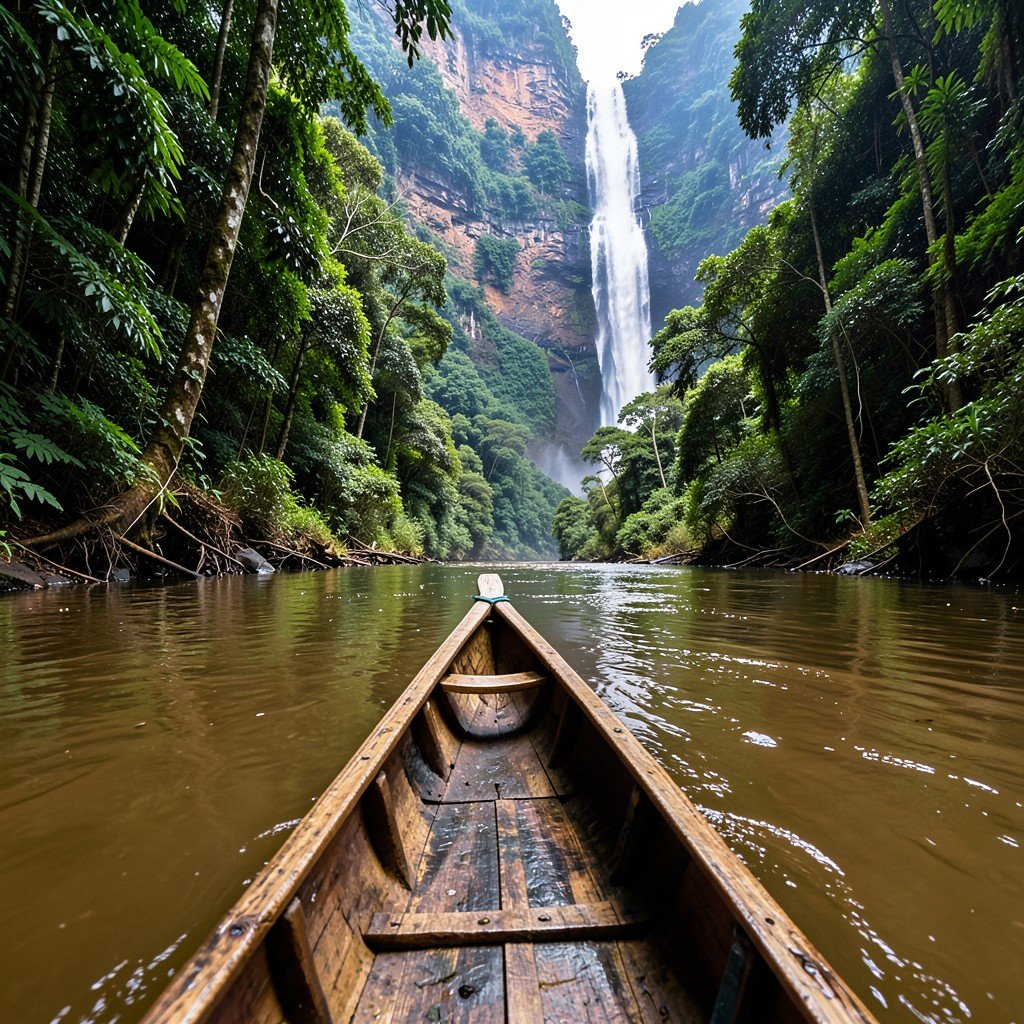 Wooden canoe navigating a brown river in the dense jungle of Canaima National Park heading towards a tall waterfall in the distance NO KOREAN Text 4:3