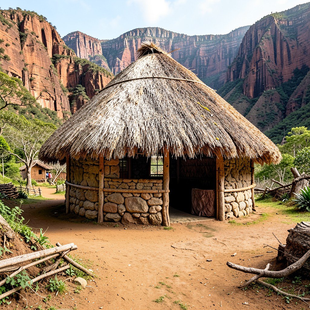 Traditional thatched roof hut of the Pemon indigenous people in a village inside Canaima National Park Venezuela NO KOREAN Text 1:1