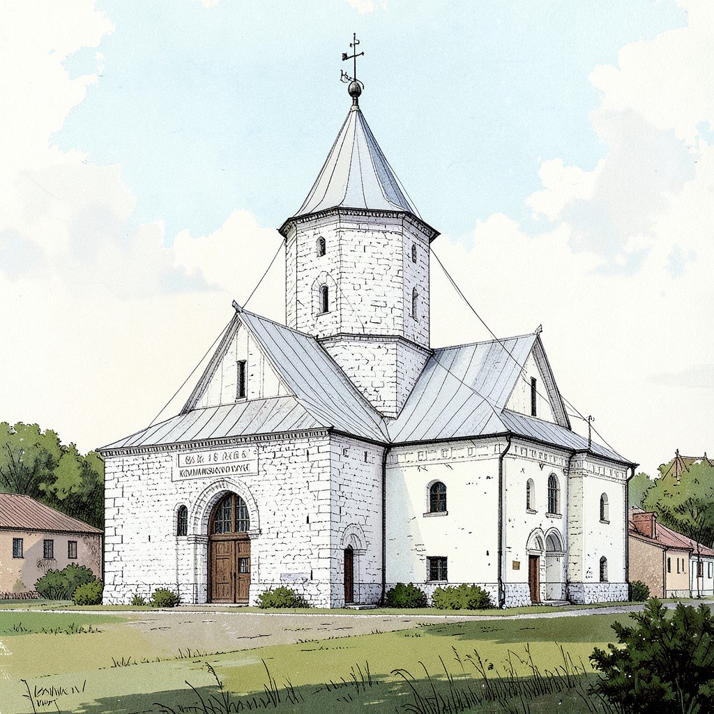 Architectural illustration of the Church of the Ascension in Kolomenskoye Russia featuring white stone tower and tent roof historical artistic rendering NO KOREAN Text 4:3