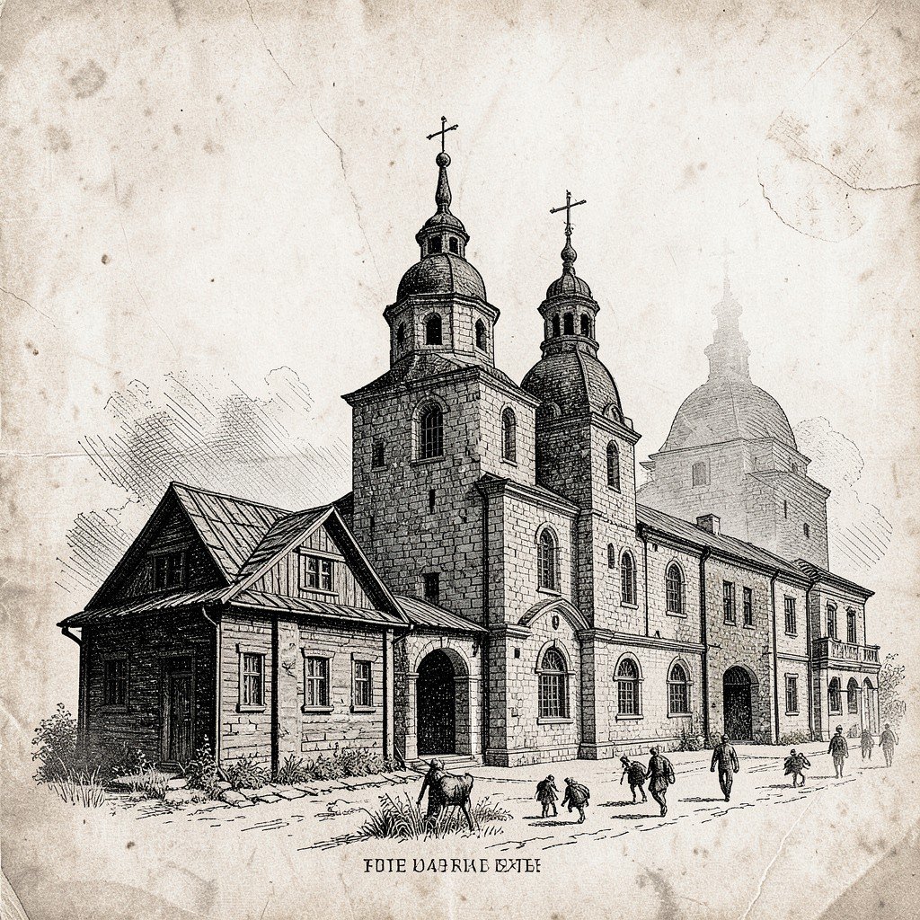 Historical illustration showing the transition of Russian architecture from traditional wooden houses to stone churches artistic textured background NO KOREAN Text 4:3