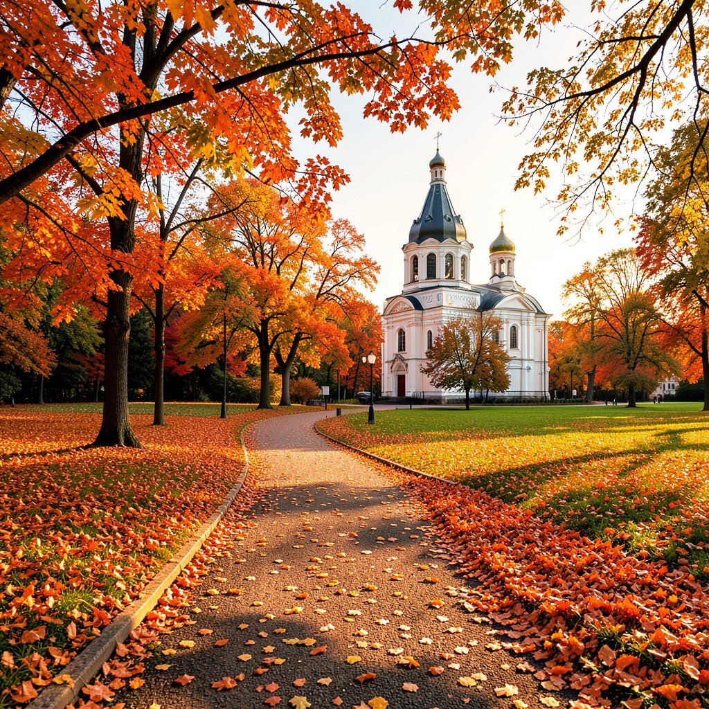 Beautiful autumn scene at Kolomenskoye park with walking paths falling leaves and the Church of the Ascension in the background warm lighting natural setting NO KOREAN Text 1:1