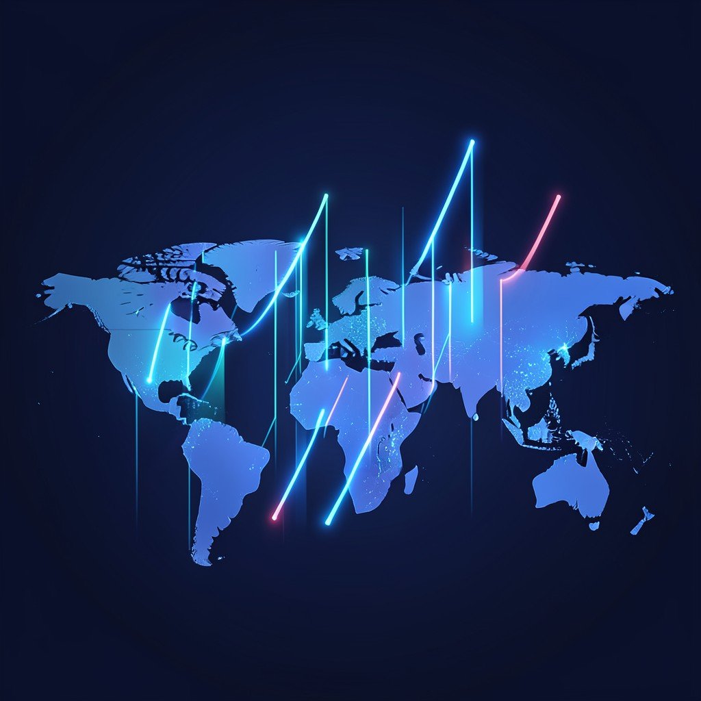 Abstract modern financial concept with glowing rising bars and world map elements, professional dark blue background, no text, aspect ratio 1:1