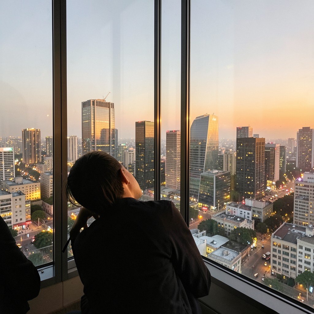 A person looking at a glowing modern cityscape through large glass window, contemplative mood, warm natural lighting, no text, aspect ratio 1:1