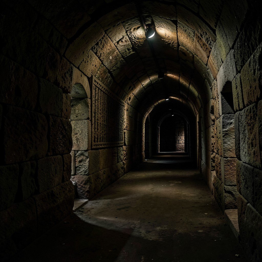 Inside the Bock Casemates tunnel showing ancient stone carved walls with dim historical lighting and archways no text aspect ratio 1:1