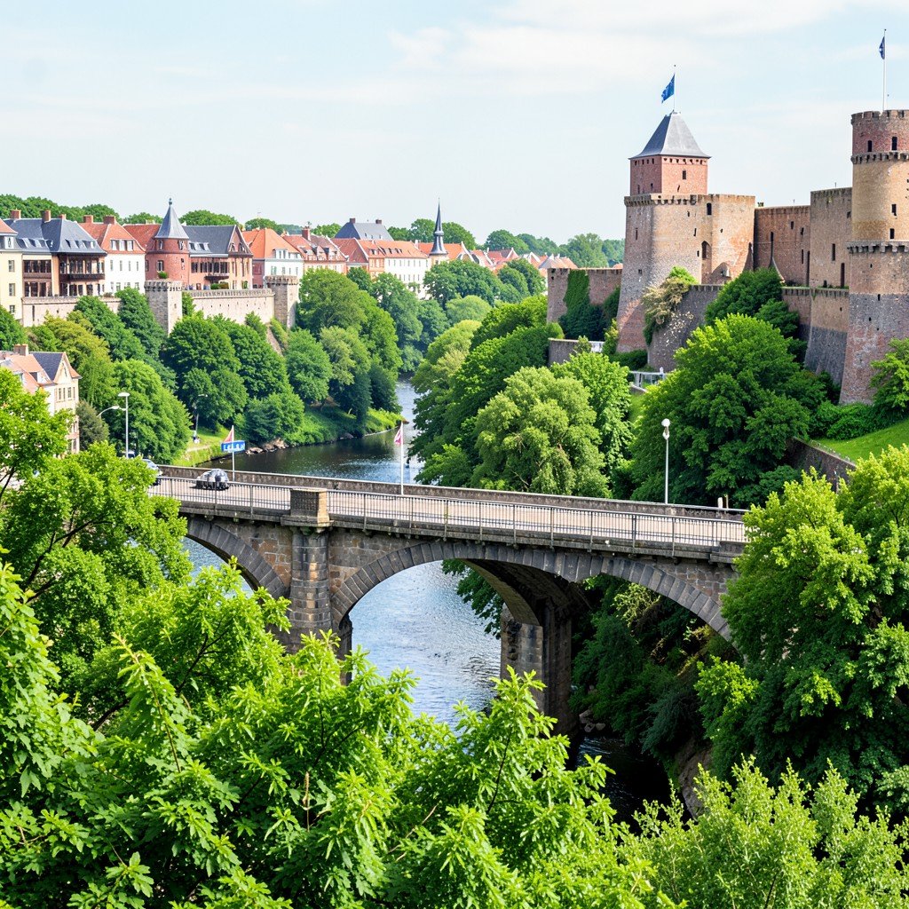 View of the Adolphe Bridge spanning the Petrusse Valley in Luxembourg City with lush greenery and historic fortifications in the background no text aspect ratio 4:3